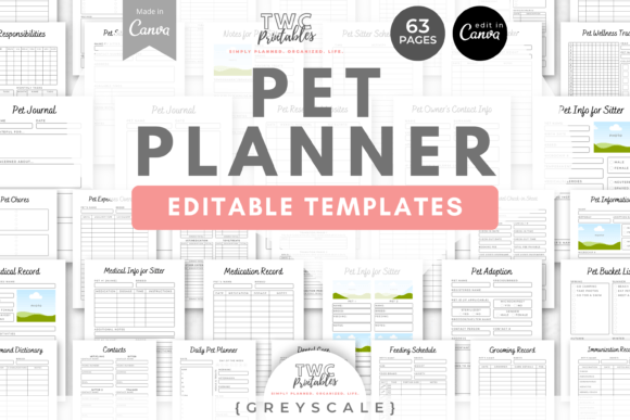 Pet Planner Canva Templates | GREYSCALE: A Designer's Toolkit for Organized Pet Care